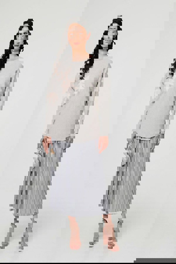 Grey | Floral Long Batwing Sleeve Relaxed Top
