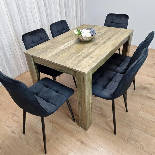 Kosy Koala Dining Table and 6 Chairs Rustic Effect Wood Table 6 Black Velvet Chairs Dining Room