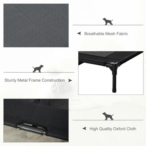 Black elevated pet cot bed with breathable mesh and metal frame feet