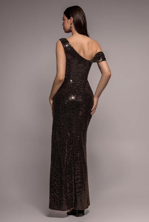 Cowl Neck Glitter Draped Maxi Dress - Rose Gold DR4837