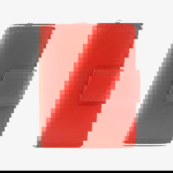 Front view of soft orange leather trifold purse with secure tab fastening