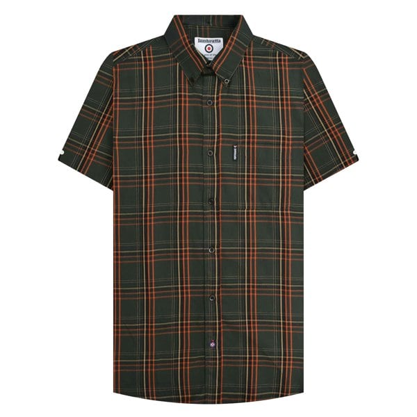 Lambretta Mens SS25 Checked Shirt - Khaki Green/Orange