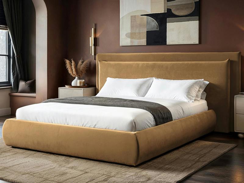 SOLACE+CO Sigrid Sand Velvet Cushion Headboard Ottoman Bed