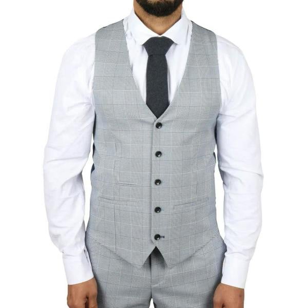 Infinity Leather Men's Blue Checked 3 Piece Suit Tailored Fit Suit Formal Wedding