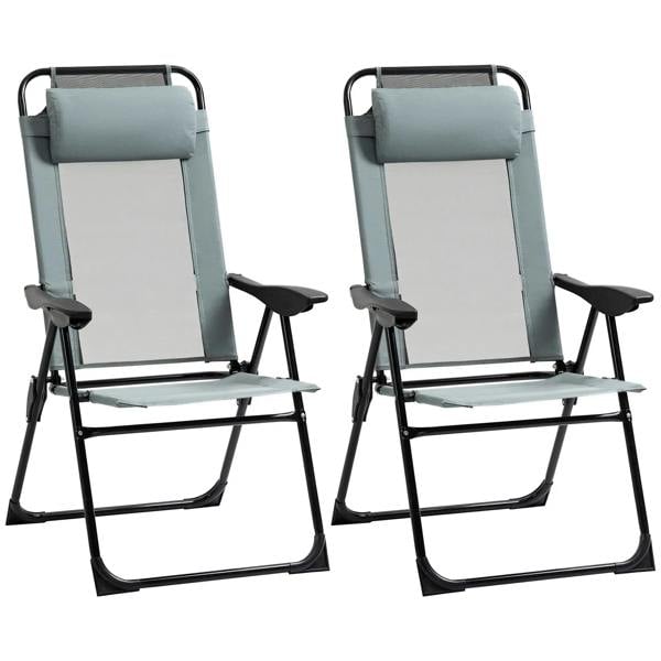 Pair of grey portable folding recliner chairs with padded headrest and black legs