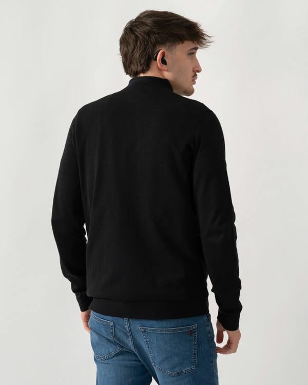 back shot of a model wearing a BOSS Green Momentum-Lite Mens quarter Zip Funnel Neck Jumper in Black 001