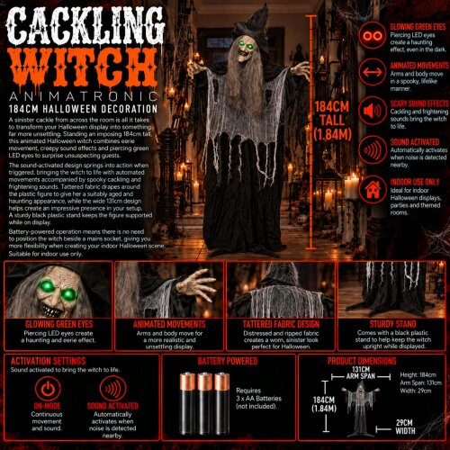 Samuel Alexander 1.84m Animated Cackling Halloween Witch with Green LED Eyes