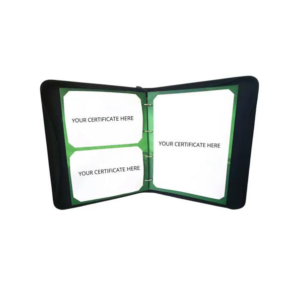 Black and green Proud Moments certificate holders with clear pockets for displaying certificates