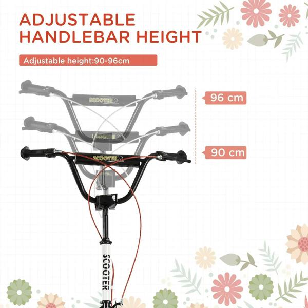 White kids kick scooter with adjustable-height handlebar, black stem and handlebars