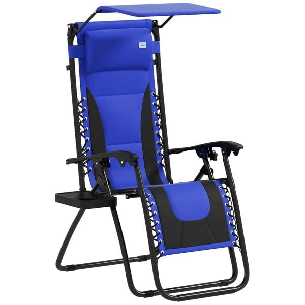 Blue folding reclining patio lounger chair with padded seat, headrest, and shade cover