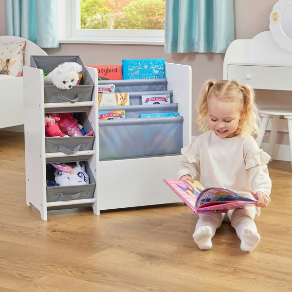 TFLH2001-white-book-display-unit-with-3-fabric-storage-boxes-lifestyle-girl-5