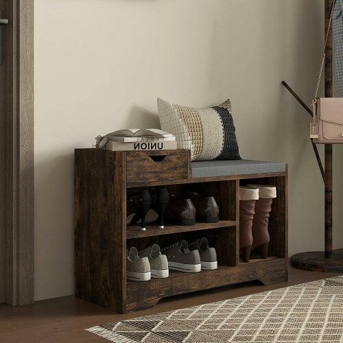Wyld Haus Nata Wooden Rustic Brown Multi Compartment Shoe Bench With Grey Cushioned Seat