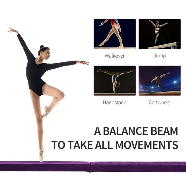 Purple balance beam used for gymnastics practice, with a person balancing on top.