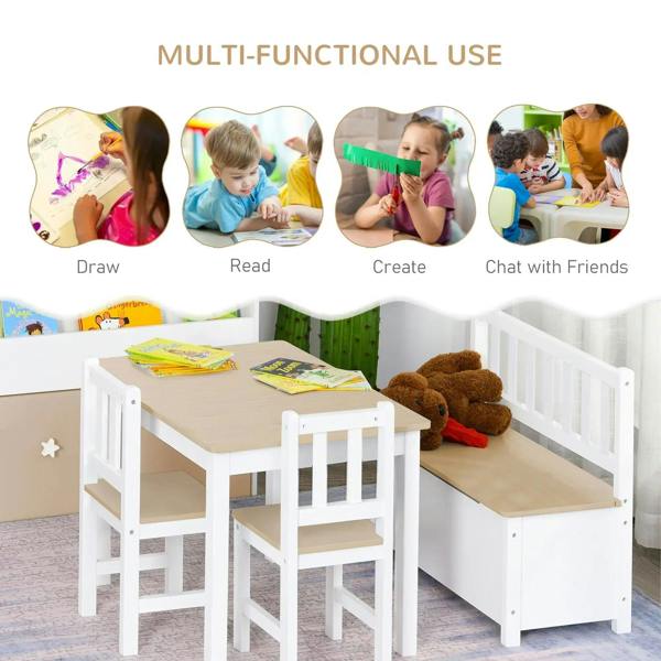 Kids table and chair set with storage bench, beige surfaces and white slatted chair backs