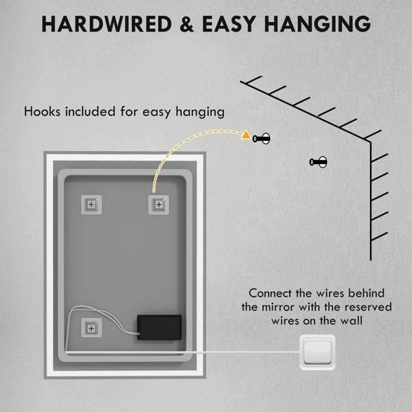 Wall-mount LED bathroom mirror with rear wiring layout and mounting hooks