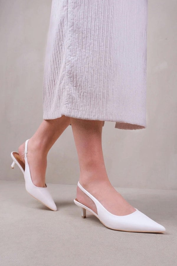 Where's That From New Form Wide Fit Low Kitten Heels With Pointed Toe & Elastic Slingback in White Faux Leather