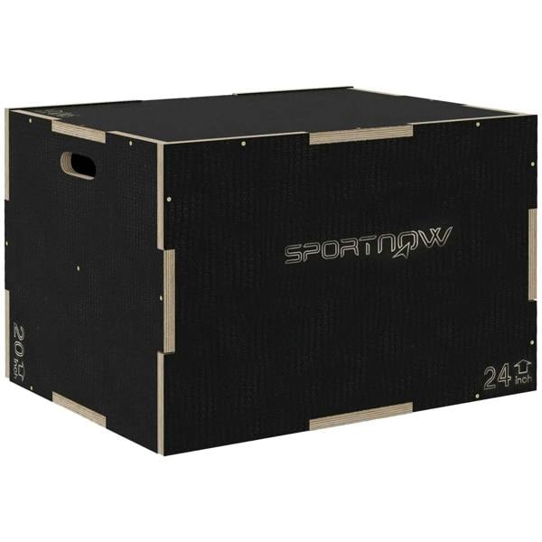 Black wooden multi-height jump box with integrated carry handle cutout on side