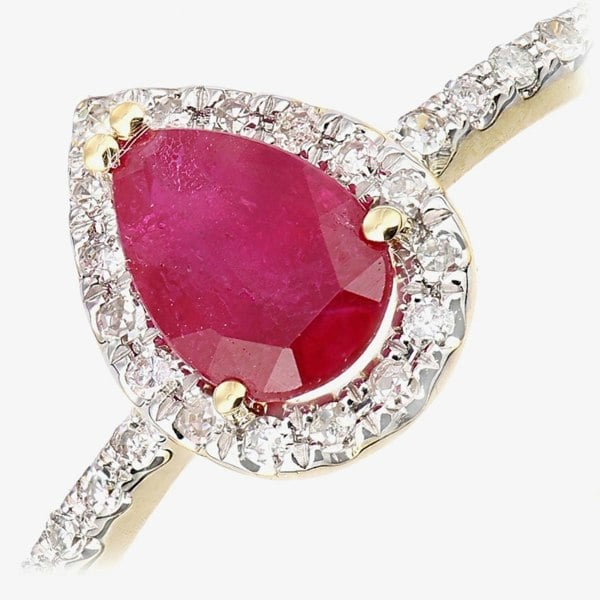 T. H. Baker 18ct Yellow Gold Pear Shaped Ruby & 0.10ct Diamond Cluster Ring DR1606Y18RU