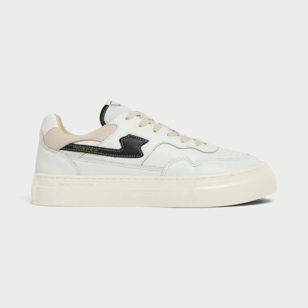 Supplied Fashion Pearl S-Strike leather sneaker in white and black with a minimalist design and rubber sole