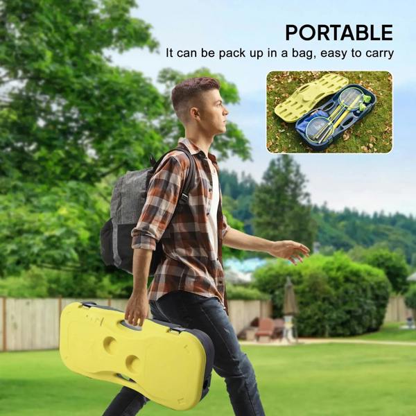 Portable folding badminton net set carried in a yellow case with net poles