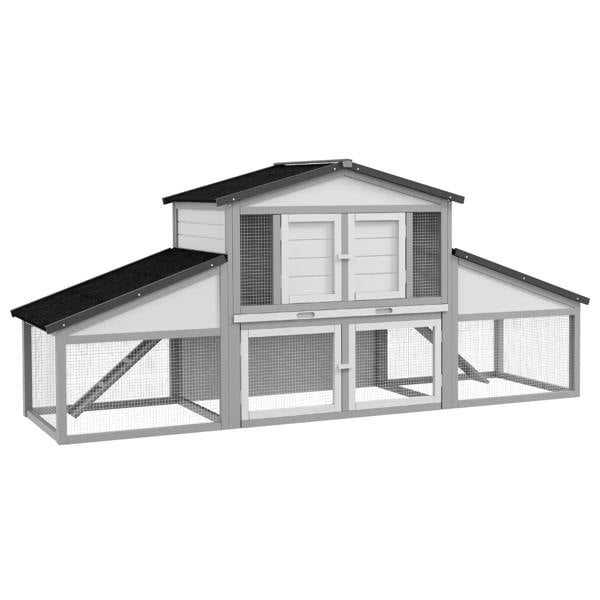 Large rabbit hutch and outdoor run in light grey with black shingle-style roofs