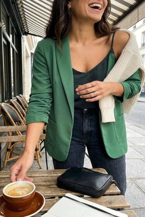 Valerie Ruched Sleeve Open Front Blazer Jacket With Front Pockets - Green