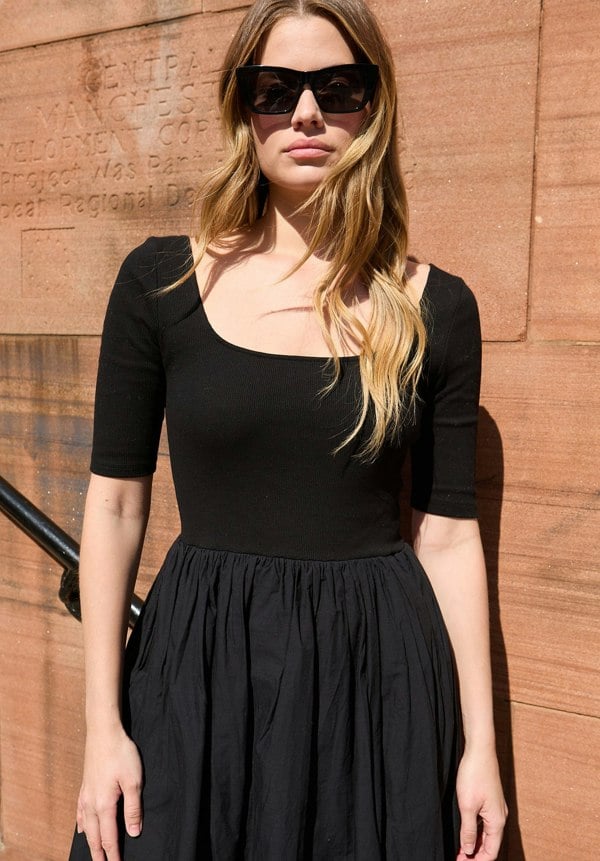 Sydney Short Sleeve Jersey Bodice Embroidered Midi Dress In Black - image 2