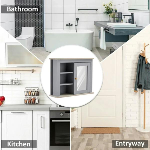 Grey mirror cabinet storage unit with shelving, shown with bathroom wall context
