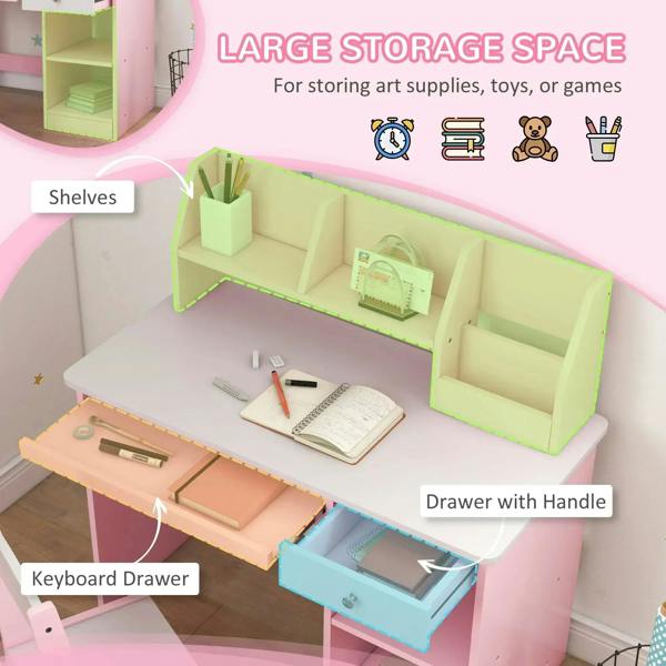 Pink kids desk with keyboard drawer and handle drawer plus large storage shelves