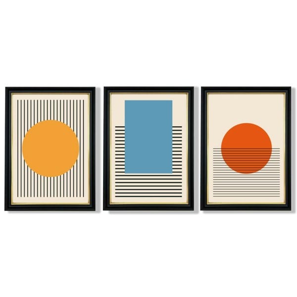 Set of 3 Geometric Yellow Blue Red Framed Art Prints with Vermeer Black and Gold Frames