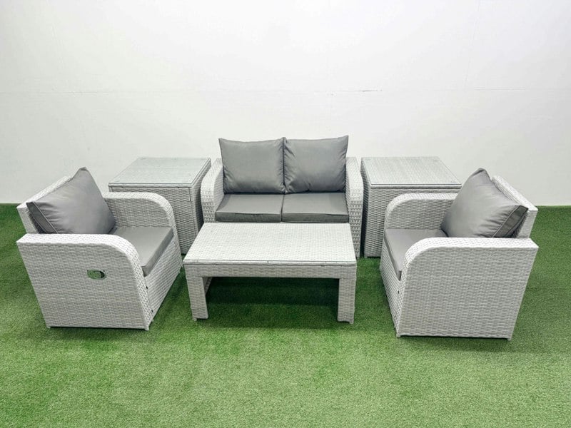 Fimous Light Grey PE Wicker Rattan Garden Furniture Set Sofa Set Reclining Adjustable Chair Oblong Coffee Table 4 Seater With 2 Side Table