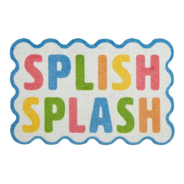 Colorful 'Splish Splash' rug with scalloped edge on a white background
