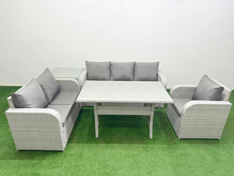 Fimous 6 Seater PE Wicker Rattan Garden Furniture Patio Set, Dining Table, Reclining Chair, Loveseat, 3 Seater Sofa, Side Table, Light Grey