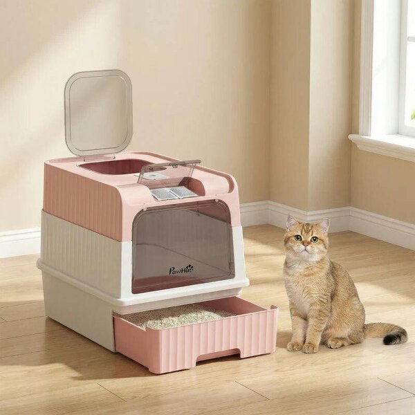 Enclosed Cat Litter Box with Lid, Pull-Out Drawer Tray, Scoop, 2 Deodorisation Bags, Front Entry & Top Exit, Pink