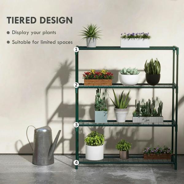 Green four-tier plant shelf with tiered wire-grid shelves and corner posts.