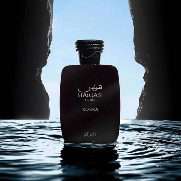 Rasasi Hawas Kobra Eau de Parfum 100ml bottle standing in water