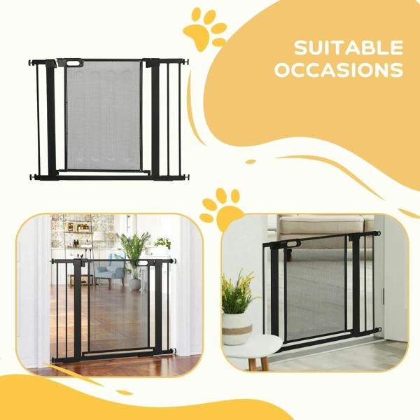 Black pressure-fit safety gate with mesh panel shown with stair and doorway placement