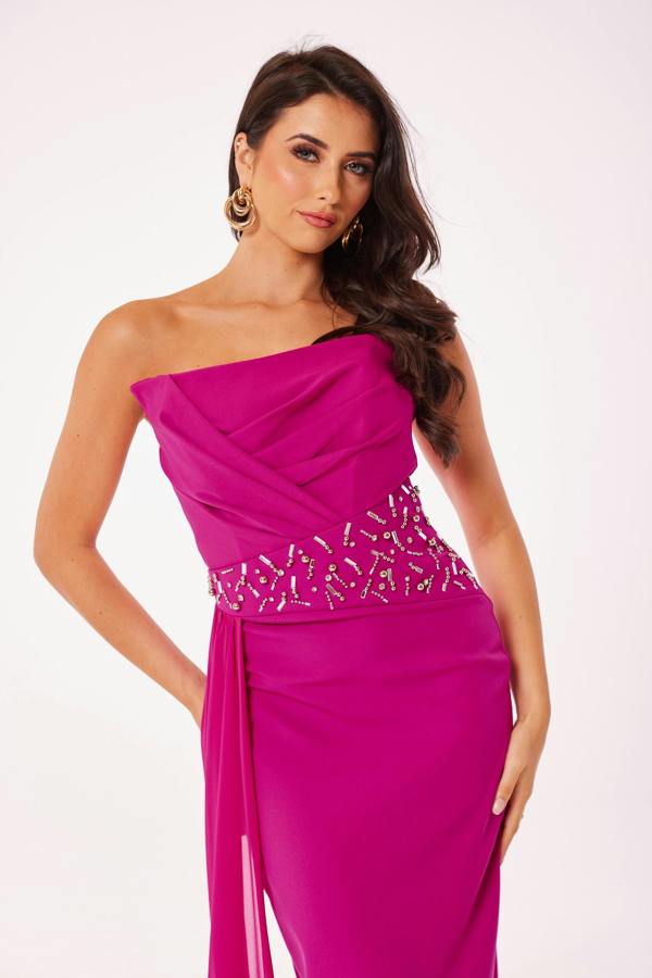 LuvForever Fuschia Strapless Jewelled Drape Midi Dress