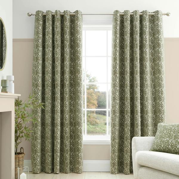Bianca Chenille Leaves Lined Eyelet Curtains Green