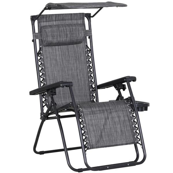 Grey reclining folding garden lounge chair with headrest, footrest, and cup holder tray