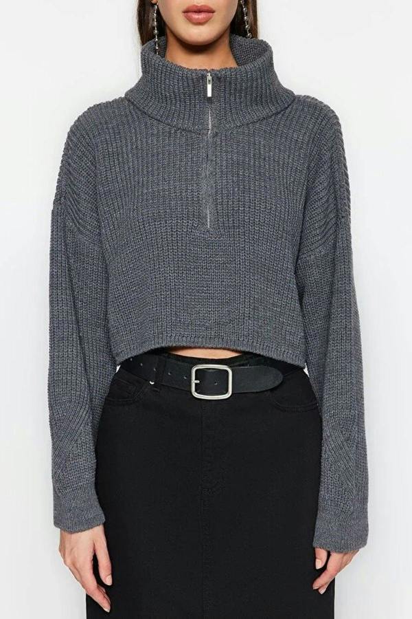 WOVCOR Super Crop Knit Sweater with Zipper Detail