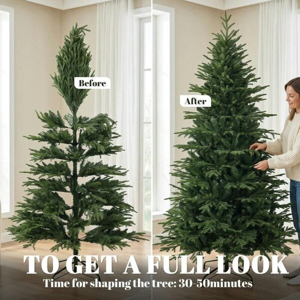 Bobobiy 7ft Artificial Christmas Tree with 2080 Realistic Tips, Hinged Xmas Tree with Wide Shape for Home Office, Green