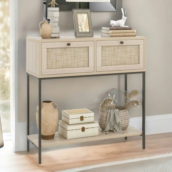 Rafaelo Mobilia Boho Style Hallway Console Table With 2 Drawers Light Brown