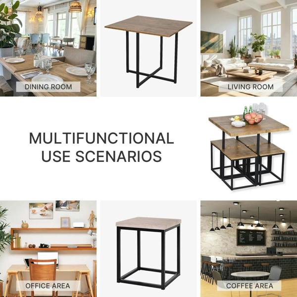 Multifunctional square dining table and stools, brown tops with black metal frames
