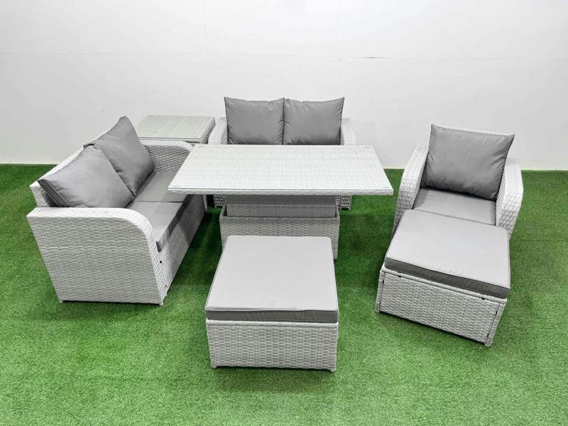 Fimous High Back Poly Rattan Garden Furniture Set, Adj Height Table, Reclining Loveseat, Indoor Outdoor Patio, 2 Big Stools and Side Table, Light Grey