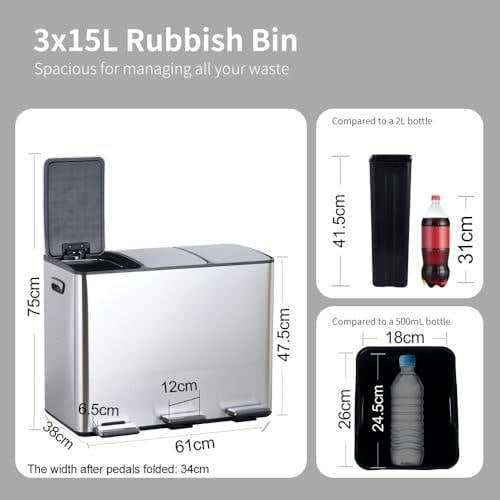 HYGRAD BUILT TO SURVIVE HYGRAD 3 Compartment Recycling Bin 45L Dual Compartments Kitchen Pedal Dust Bin Waste Bin Separation System 3x15L