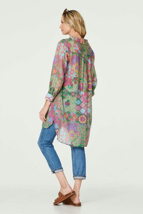 Green | Printed Semi Sheer Longline Blouse