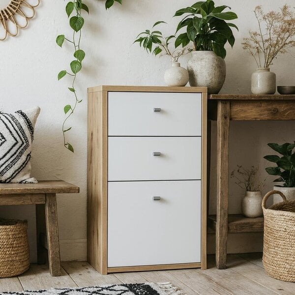Wyld Haus Willowmere White and Natural Artisan Wood Chest Storage Cabinet 2 Drawers 1 Door