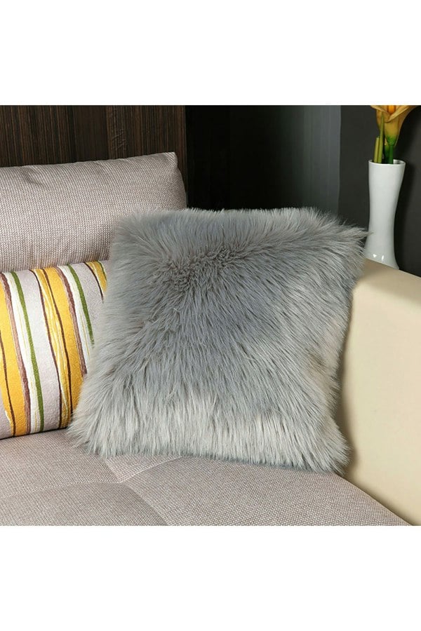 Living and Home 50*50cm Fluffy Faux Wool Grey Cushion Cover