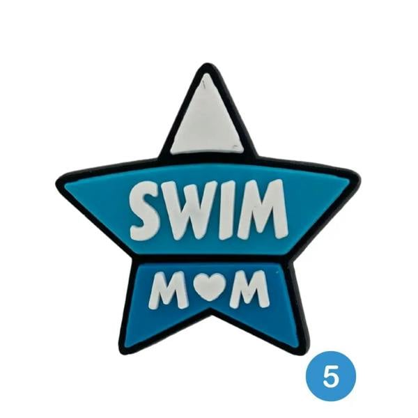 Blue star swim mom shoe charm with white heart and black outline